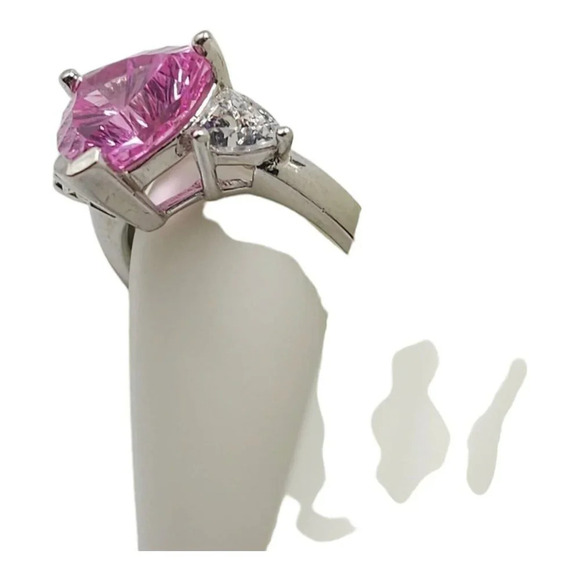 Sterling Silver .925 Lab Pink Sapphire CZ Triangle Cocktail Ring Size 6 - Picture 5 of 7